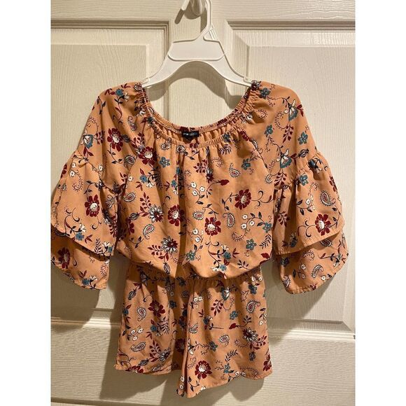 My Michelle Girls Off Shoulder Romper Orange Floral Belle Sleeve Size Small - Picture 7 of 8